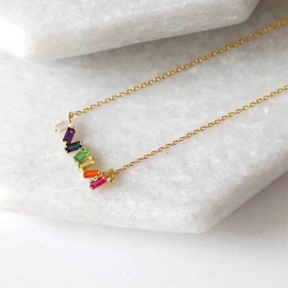 Rainbow Pride Love Baguette Gold Necklace 18" - Picture 2 of 5